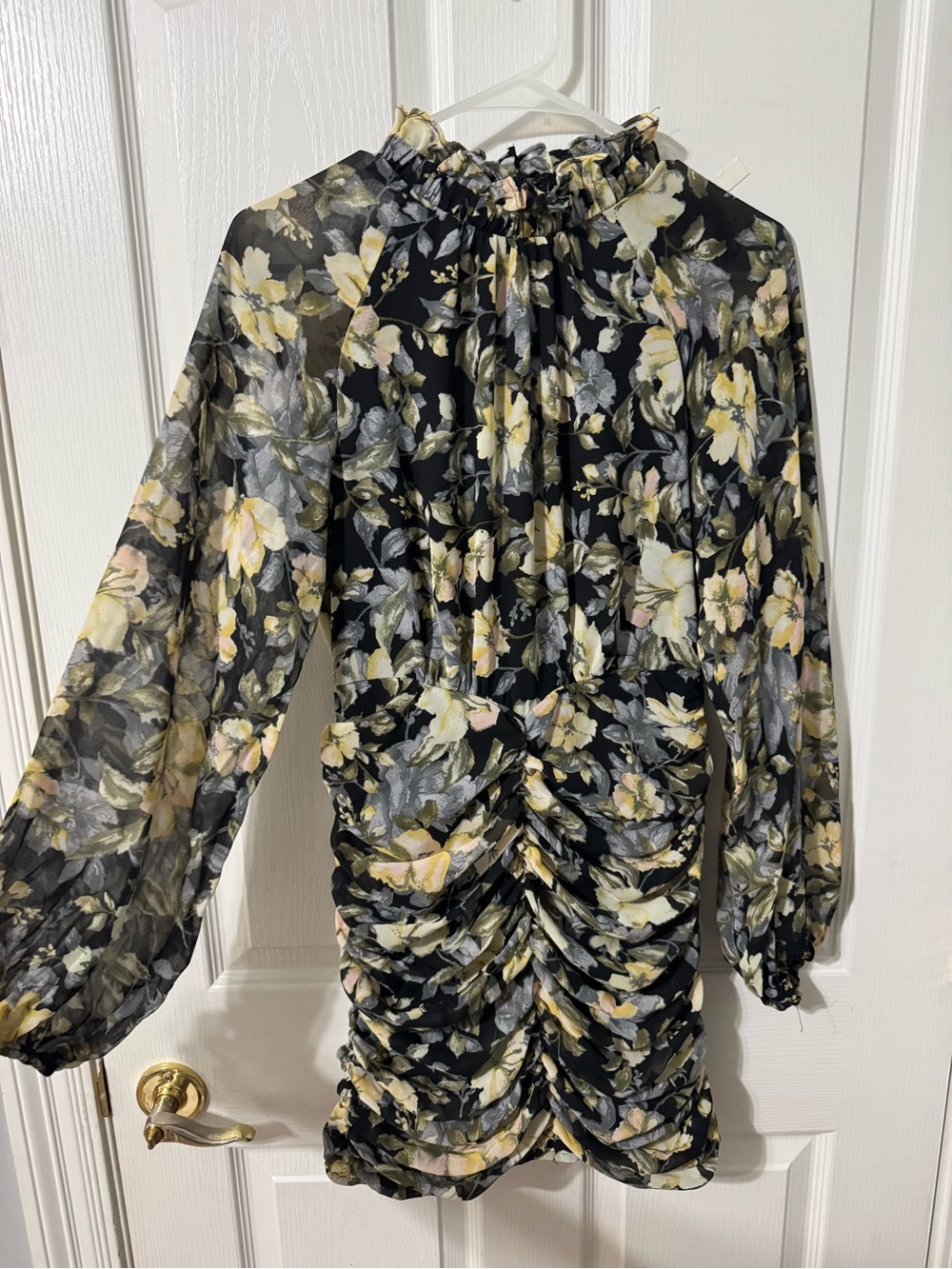 Black Floral Ruched Long-Sleeve Mini Dress